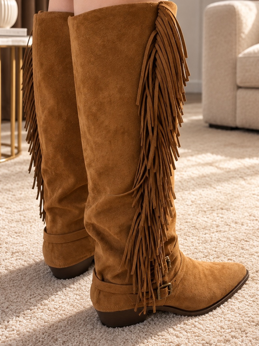 Fringed Over-the-Knee Suede Boots - Tan